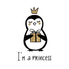 Golden glitter Penguin with crown, gift box and lettering - I'm a Princess isolated on white.