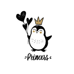 Golden glitter Penguin with crown, heart balloons and lettering - Princess isolated on white.