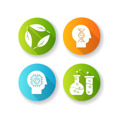 Modern sciences flat design long shadow glyph icons set. Formal and natural scientific disciplines. Human biology, ecology, cybernetics and chemistry. Silhouette RGB color illustration