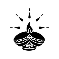 Diwali festival black glyph icon. Hindu festival of Lights. Traditional diya. Indian holiday. Clay oil lamp. Hindu celebration. Silhouette symbol on white space. Vector isolated illustration