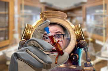 Fototapeta premium A frightened scientist damaged test tube with blood in a retro lab. Contamination of the laboratory with a virus. Accident while researching a dangerous virus.