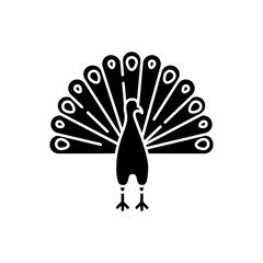 Peacock black glyph icon. Indian peafowl with spread feathers. Pheasant species. Brightly colored bird native to India. Asian wildlife. Silhouette symbol on white space. Vector isolated illustration