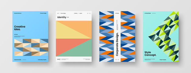 Fototapeta premium Company identity brochure template collection. Business presentation vector A4 vertical orientation front page mock up set. Corporate report cover abstract geometric illustration design layout bundle.