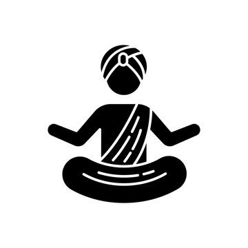 Yogi In Turban Black Glyph Icon. Practitioner Of Yoga. Physical And Mental Practices. Meditating Indian Monk. Man In Lotus Position. Silhouette Symbol On White Space. Vector Isolated Illustration