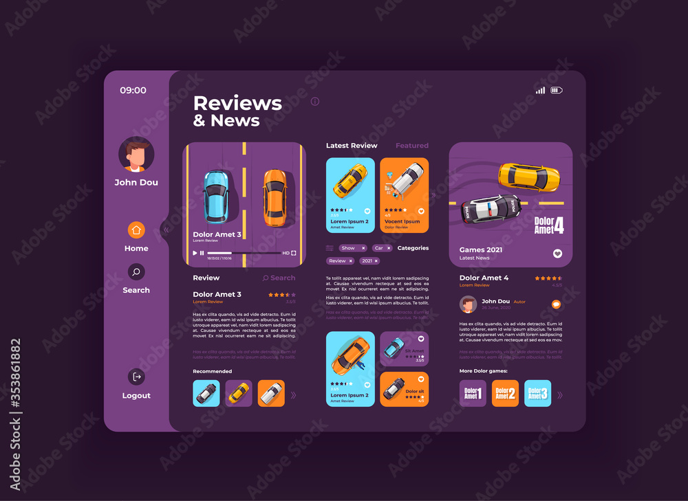 Poster car reviews and auto news tablet interface vector template. mobile app page night mode design layout