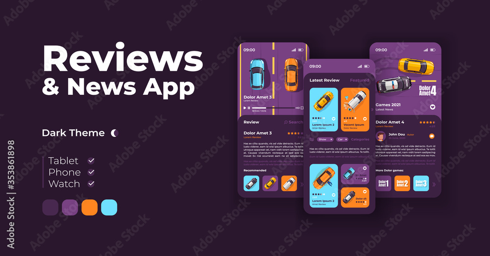 Poster automobile reviews cartoon smartphone interface vector templates set. mobile app screen page night m
