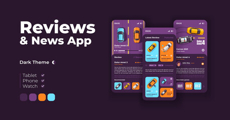 Automobile reviews cartoon smartphone interface vector templates set. Mobile app screen page night mode design. Transport news and car previews UI for application. Phone display with flat characters