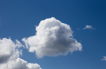 Fluffy clouds cover the summer blue sky