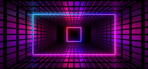 A dark corridor lit by colorful neon lights. Reflections on the floor and walls. 3d rendering image.