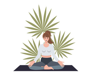 Vector illustration of woman in yoga pose. Home yoga practice. Can be used as print, poster, packaging design, web, book or magazine illustration, sticker, postcard, invitation.