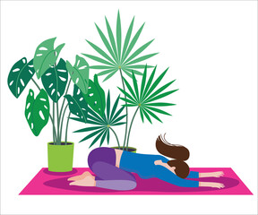 Vector illustration of Woman in yoga pose.  Yoga at home. Can be used as print, postcard, invitation, poster, packaging design, sticker, web, book or magazine illustration.