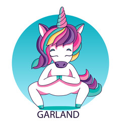 Vector yoga unicorn practice. Pretty little unicorn in yoga poses. Unicorn meditation. Can be used as print, postcard, invitation, greeting card, packaging design, textile, stickers, label, poster. 