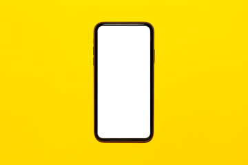 Top view close-up of modern smartphone with empty white mockup on screen. Isolated on background of yellow color.