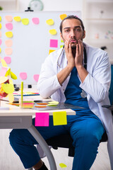 Young male medic in conflicting priorities concept