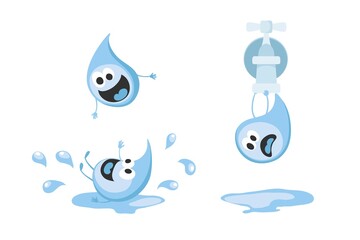 Funny drops of water. Cute characters, funny drops in the spray, a frightened drop is afraid to fall from the tap, vector illustrations