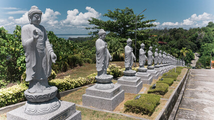 Fototapeta premium An aerial view of the outside of Puu Jih Shih Temple with Chinese art's design. Sandakan famous temple with tourist visited all the time. One of the tourism places in Sandakan. Sabah, Borneo. Malaysia