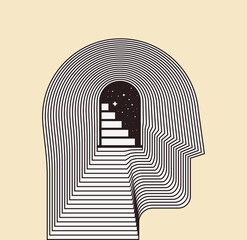 Mental health psychotherapy or inner world or meditation concept with side view human head silhouette with door and stairways inside. Conceptual vector illustration - obrazy, fototapety, plakaty