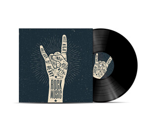 Rock Music Vinyl Disc Cover Mockup. Cover for your music playlist. Isolated on white background. Realistic vector illustration.