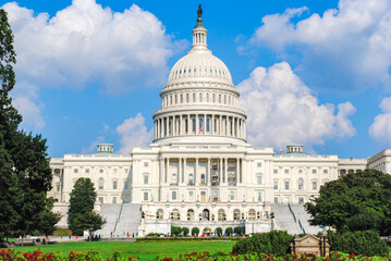 Naklejka premium the capitol clean minimal photograph no people in the afternoon. no people outside. american government democracy 2020 elections. 4th of July postcard. Washington dc. Beautiful sky horizontal