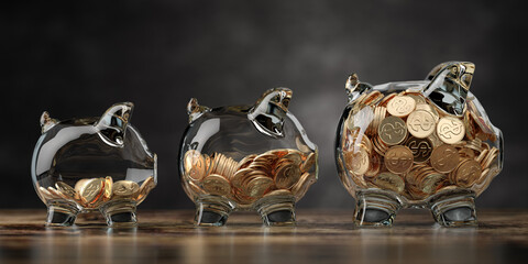 Glass piggy bank of different size with golden coins. Fiinancial growth, deposit, investment and savings concept background. - obrazy, fototapety, plakaty