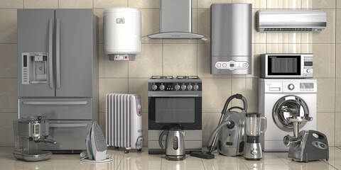 Set of home kitchen appliances on the wall background. Household technics.