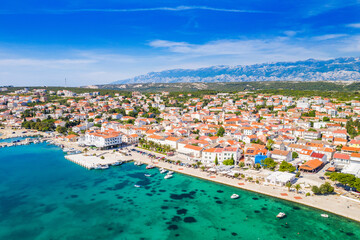 Naklejka premium Croatia, beautiful Adriatic town of Novalja on the island of Pag, aerial view from drone 
