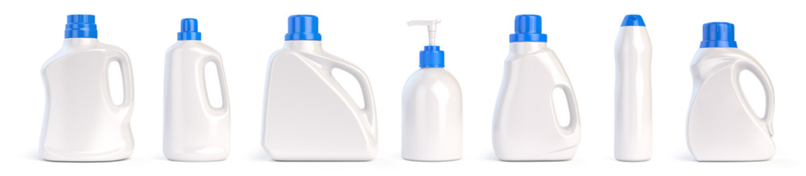 Set of detergent plastic bottles with chemical cleaning product isolated on white background.