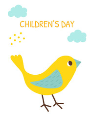 Greeting card with a cute bird for Children's Day.Bird and cloud