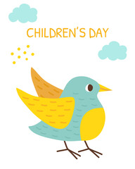 Greeting card with a cute bird for Children's Day.Bird and cloud