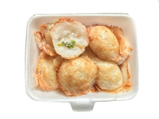 Pieces of knmcrk In foam box, Knmcrk is a traditional Thai dessert. Made from flour, sugar and coconut milk, Delicious, sweet, Traditional Thai desserts, eaten as a snack