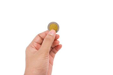Thai baht coins (ten baht) in hands on white background, saving money concept, Thai currency