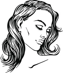 Vector hand drawn black and white linear sketch of  young attractive woman with her head bowed and her eyes closed. Wavy hairstyle. 