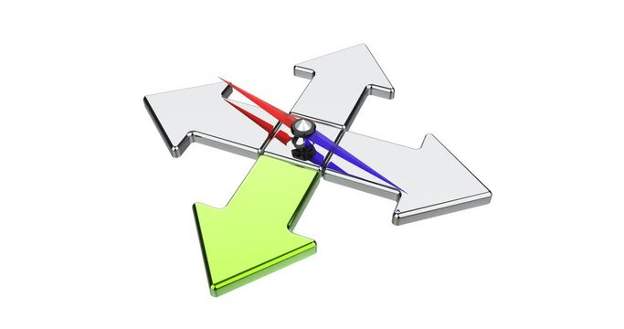 Arrow of the compass indicates direction animation. Transparent background with alpha channel. 4K resolution. 3D Illustration.