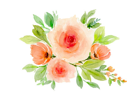 Bouquet of pastel orange color flowers with green leaves. Watercolor illustration, painted on texture paper isolated on white. Multi purposes and concept.