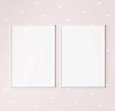 Mock up interior frame in kids room, two white frames on pink background with heart shape. Minimal interior design