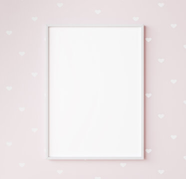 Mock up interior frame in kids room, single white frame on pink background with heart shape. Minimal interior design