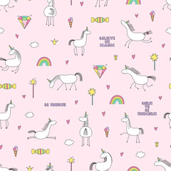 Magic unicorns seamless pattern isolated on pink background.