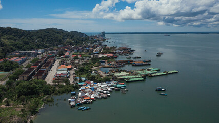 Naklejka premium An aerial panorama view of Sandakan Town at Sabah. Sandakan is a city in the Malaysian state of Sabah, on the northeast coast of Borneo. 