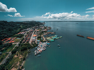 An aerial panorama view of Sandakan Town at Sabah. Sandakan is a city in the Malaysian state of Sabah, on the northeast coast of Borneo. 