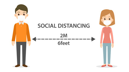 Social distancing black man and woman character wearing medical mask  maintain to prevent from virus