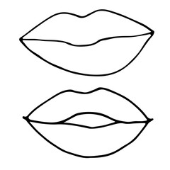 Beautiful female lips.  Mouth.  Doodle style isolated drawing on a white background.