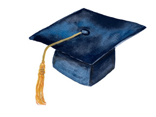 Black Graduation cap with yellow tassel, watercolor illustration hand drawn brush paint on paper isolated on white.  Education concept.