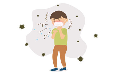 Men coughing, wearing masks to prevent the spread, with the germs around them.Coronavirus quarantine. Vector illustration