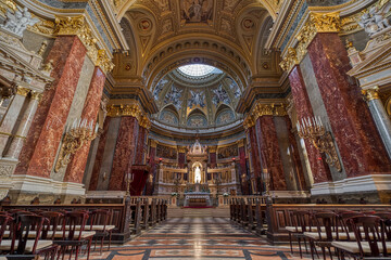 Budapest, Hungary - Feb 8, 2020: Luxary sanctuary  nave hall in St. Stephen's Basilica