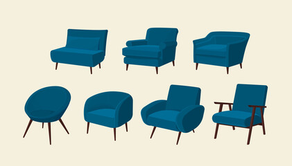 Scandinavian style set vector elements. Isolated different types of armchairs for the living room in modern style. Flat colorful illustration.