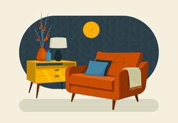 Scandinavian style interior flat vector illustration fragment. Red modern armchair, chest of drawers with a vase of gladiolus, lamp in retro style. Wall clock.