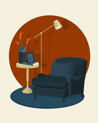 Scandinavian style interior vector illustration fragment. An Modern armchair next to a coffee table and an Art Deco lamp. Vase with calla flowers. Cosiness and comfort.