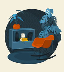 Scandinavian style interior vector fragment. Armchair near a coffee table with books and vases in the Art Nouveau style. Round carpet and in a circle. Monstera plant.