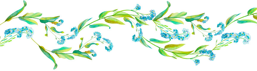 Delicate watercolor border of a wave of blue little forget-me-not flowers. Wedding background, floral ornament, floral border for invitations, cards, stationery design, graduation