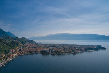 Morning panoramic aerial view of Toscolano Maderno, Lake Garda, Italy